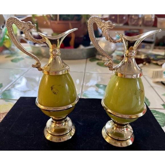 Vintage Pair of Onyx Brass England Small Vases Pitchers Jugs - Picture 9 of 16